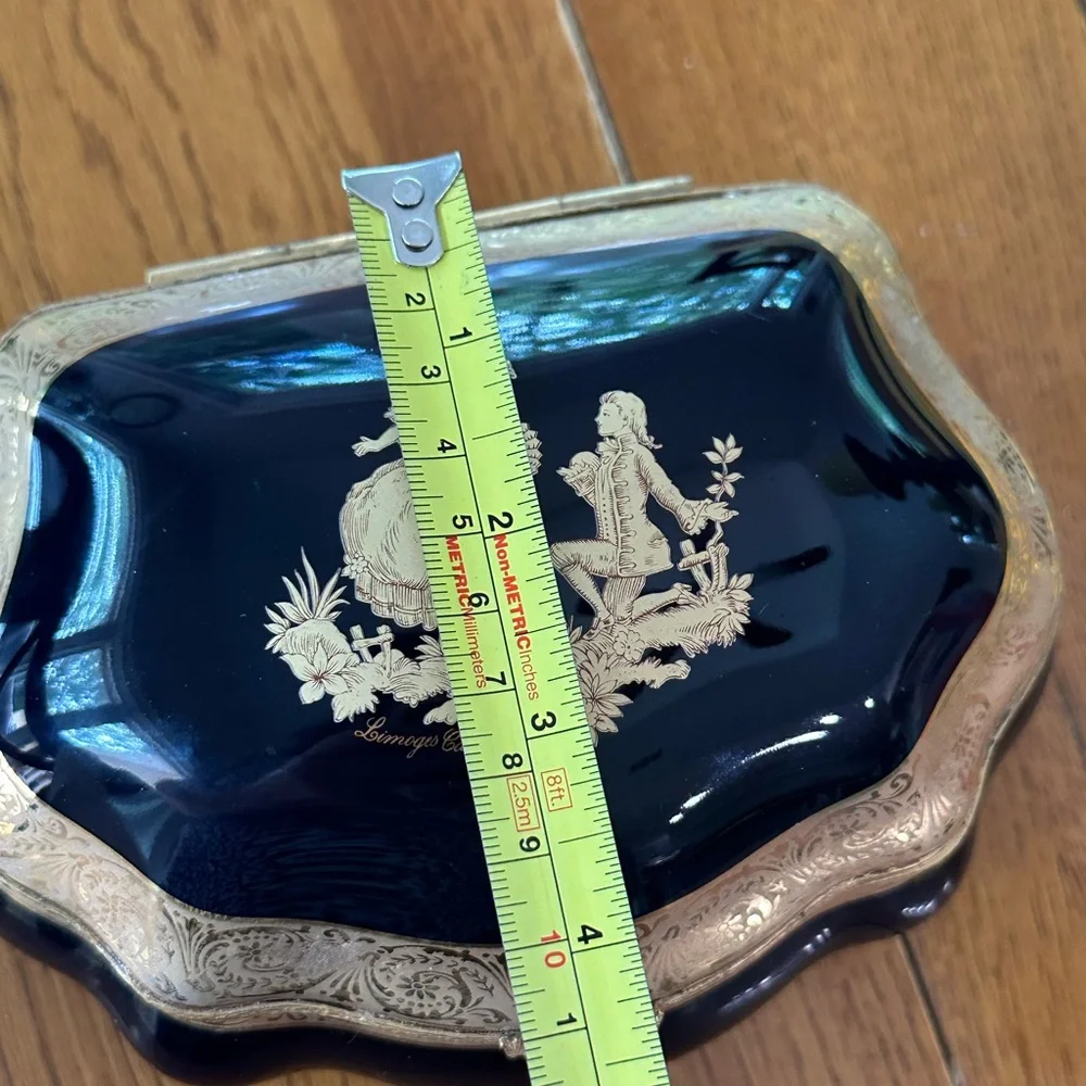 Gorgeous Limoges Cobalt Blue 22K Gold Trinket Box Hinged Lid Courting Couple
